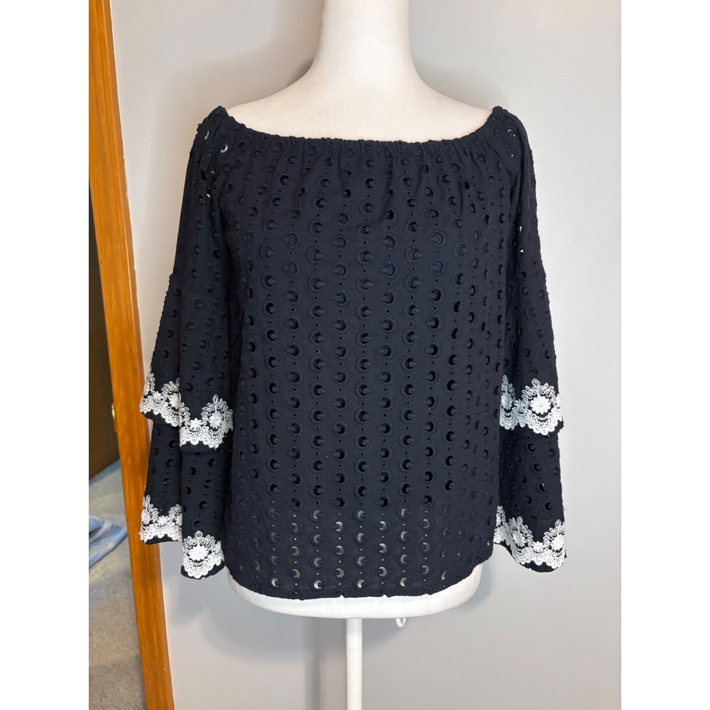 Bailey 44 Navy Blue Eyelet Off The Shoulder Tiered Bell Sleeve Lace Top Small